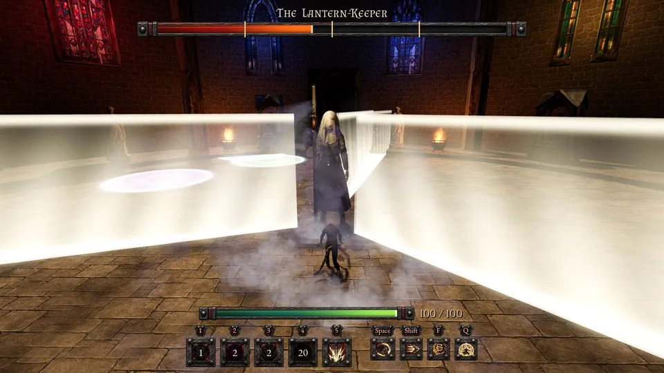 Two glowing walls of light spreading from the Lantern-Keeper, the Shade standing in the gap between them close to her