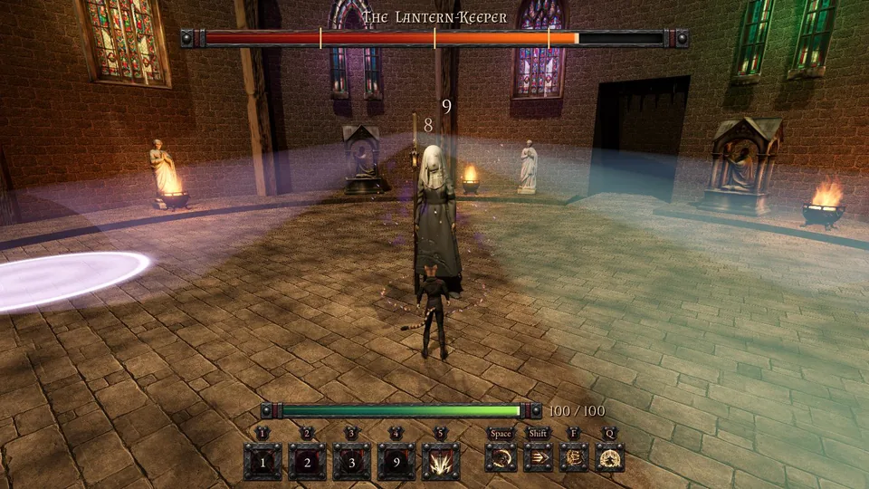 Two cones of light from the Lantern-Keeper's lantern reaching pools on the chapel floor, the Shade at her side between them