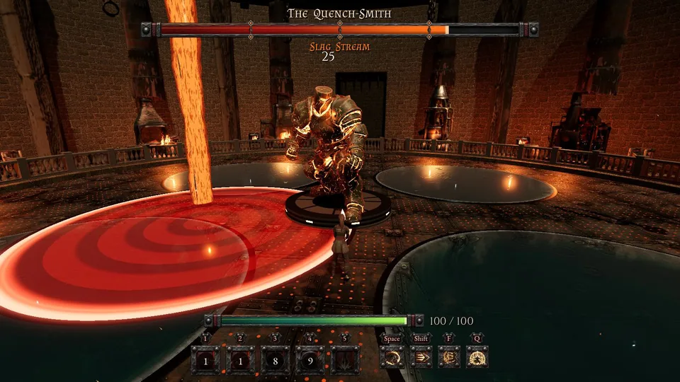 A molten stream pouring from above into a red circle on the iron floor beside the Quench-Smith's dais