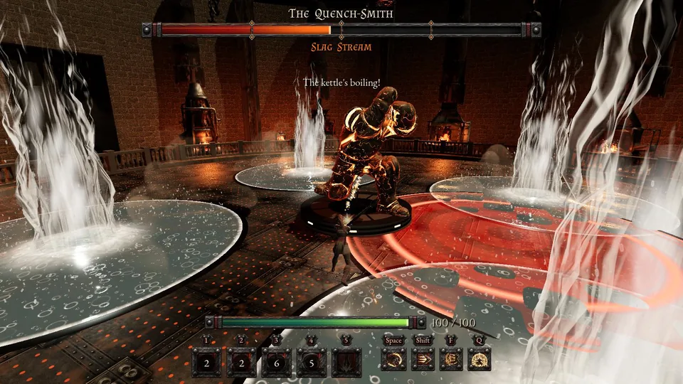 Columns of water and mist erupting from the pools of the Smelting Hall while a slag circle glows on the floor