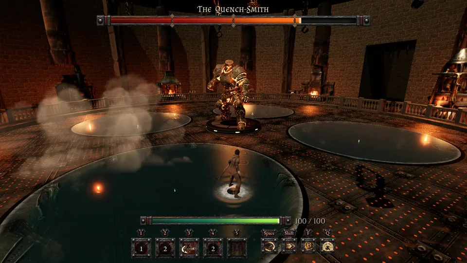 A hero facing the Quench-Smith in the Smelting Hall