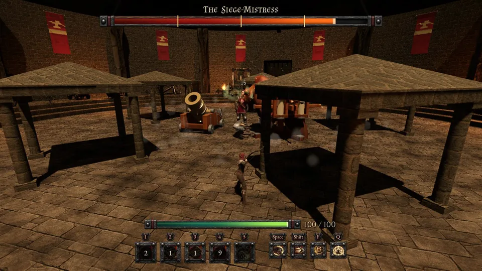A hero facing the Siege-Mistress in her Siege Yard