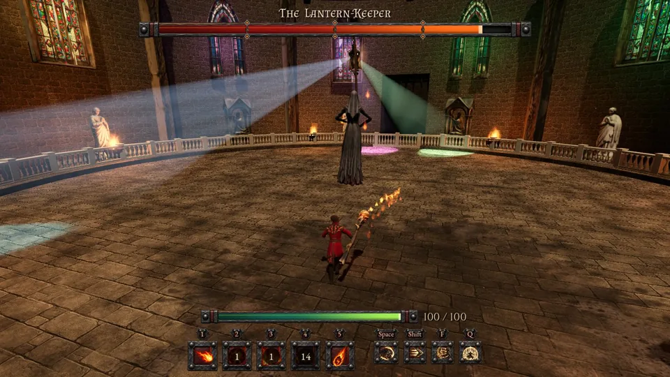 A hero facing the Lantern-Keeper in her Lantern Chapel