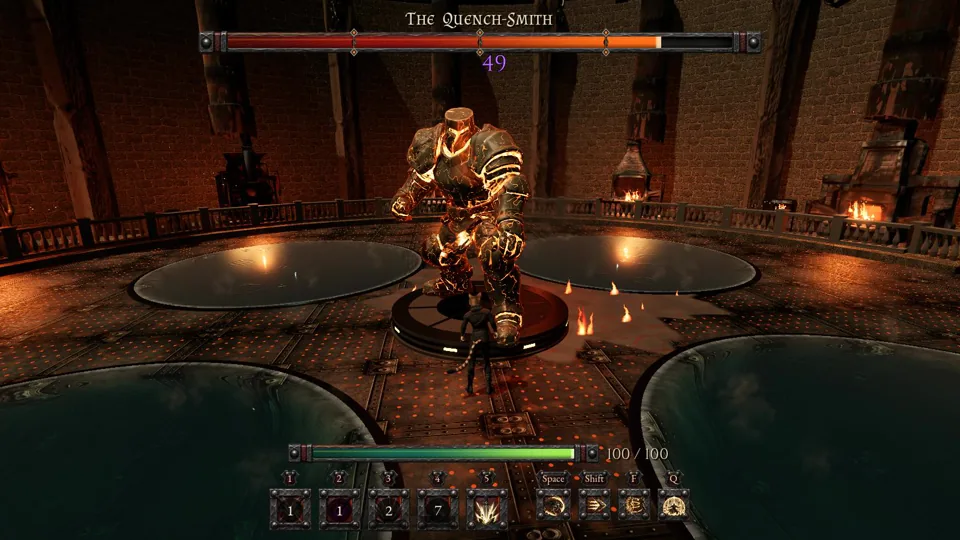 A hero facing the Quench-Smith in the Smelting Hall