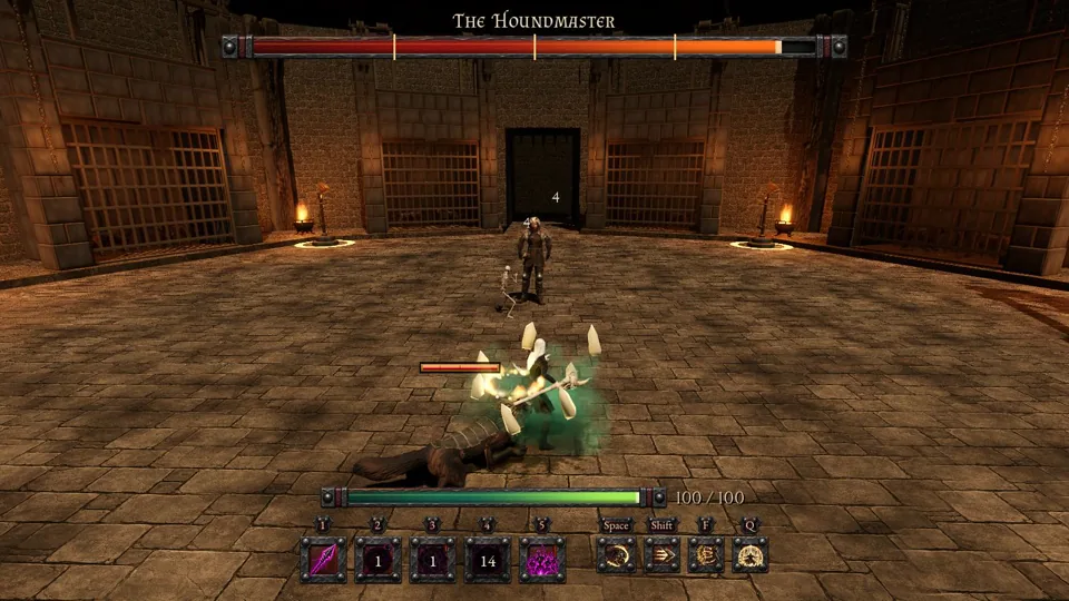 A hero facing the Houndmaster with the floor warnings off