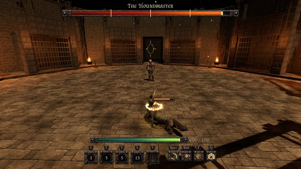 A hero facing the Houndmaster and his hounds in the Kennel Octagon