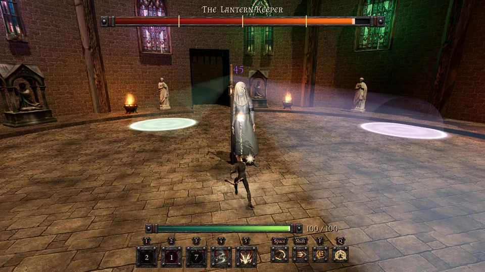 A hero facing the Lantern-Keeper in her Lantern Chapel