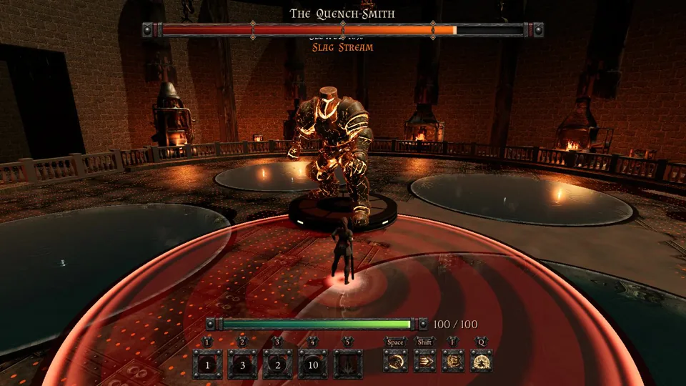 A hero facing the Quench-Smith on his dais in the Smelting Hall