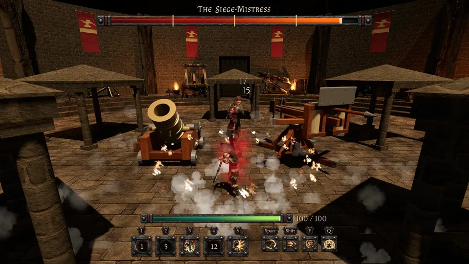 A hero facing the Siege-Mistress in her Siege Yard