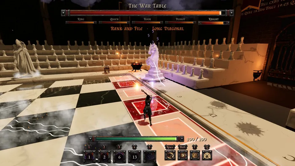 A hero facing the five marble pieces on the War Table's board