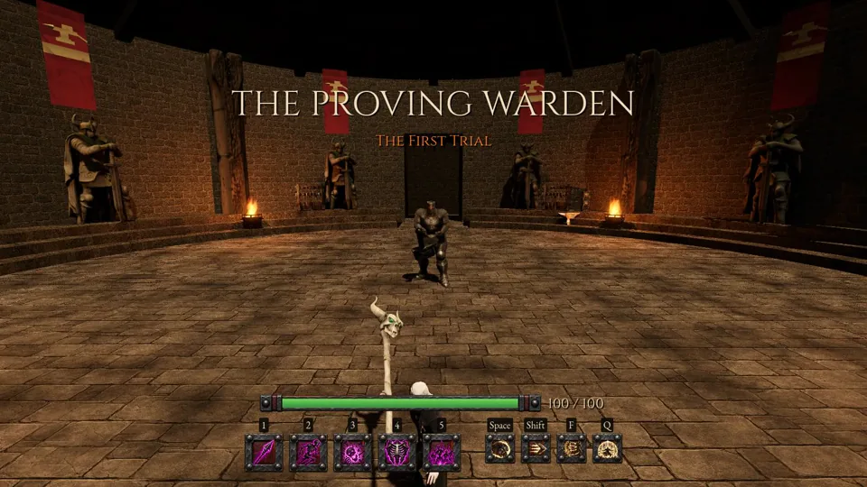 The Proving Warden's title card over the Proving Ring, a Necromancer in the foreground