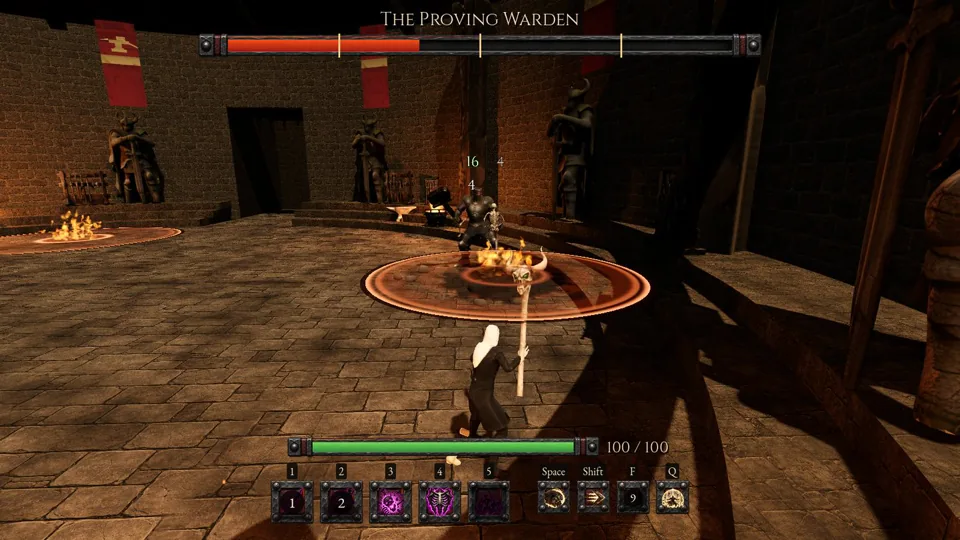 A burning Hammer Strike circle with fire pools beside it