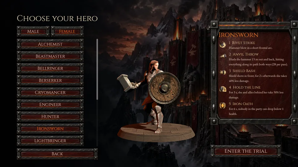 Choose your hero, with the female Ironsworn on the stage