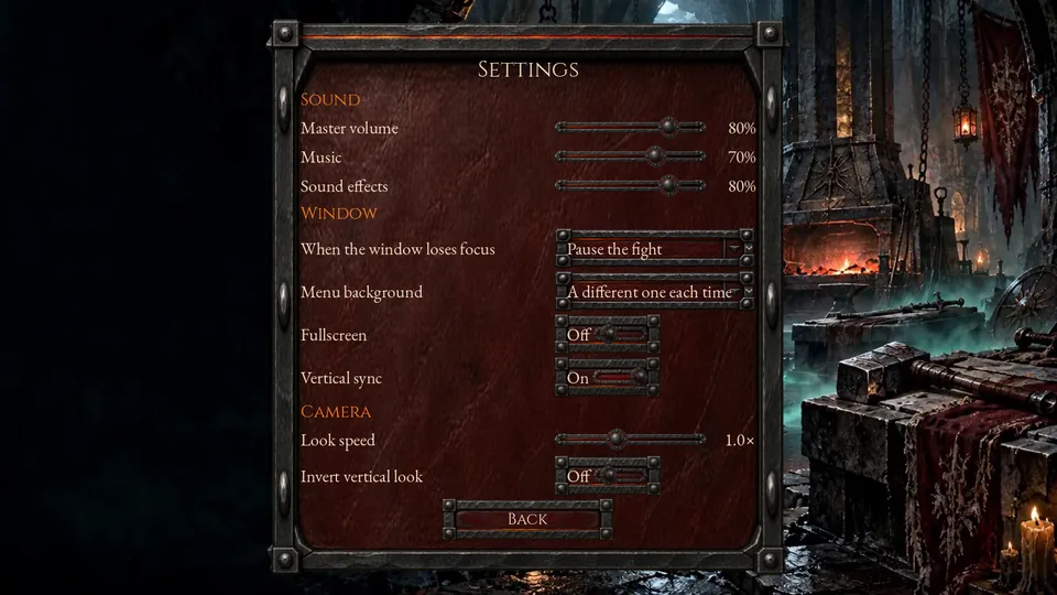 The Settings panel with Sound, Window and Camera rows