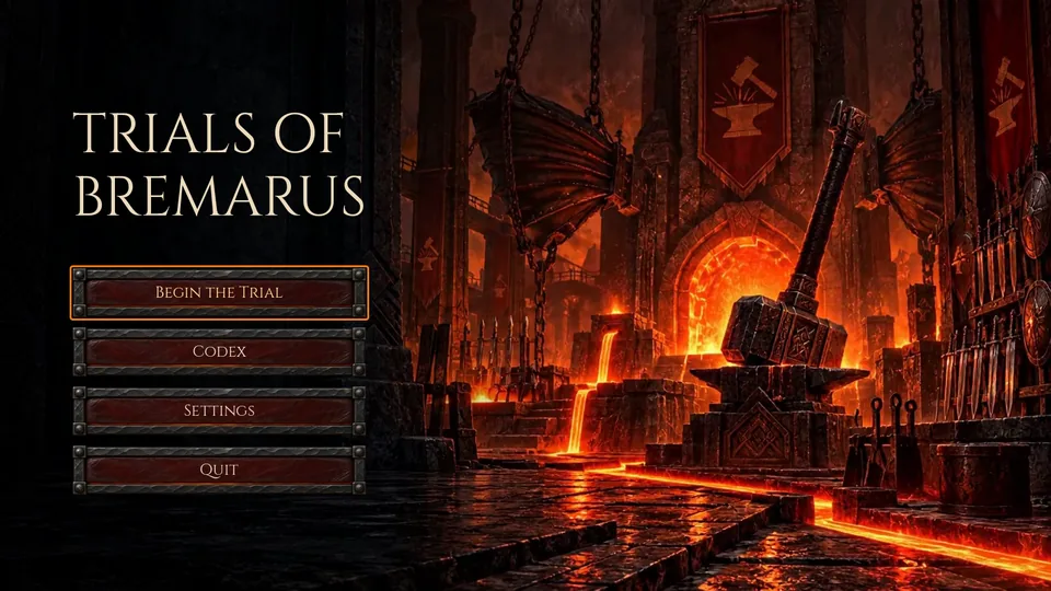 The title screen over a forge hall with a great hammer on an anvil