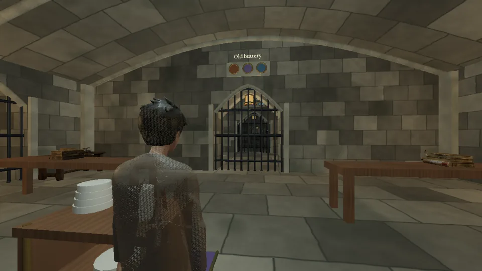 The student in the Silent refectory facing the Old buttery's sealed grille with three coloured seals above it