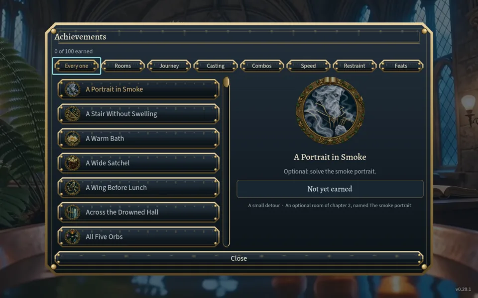 The Achievements screen: 0 of 100 earned, filters along the top, A Portrait in Smoke selected