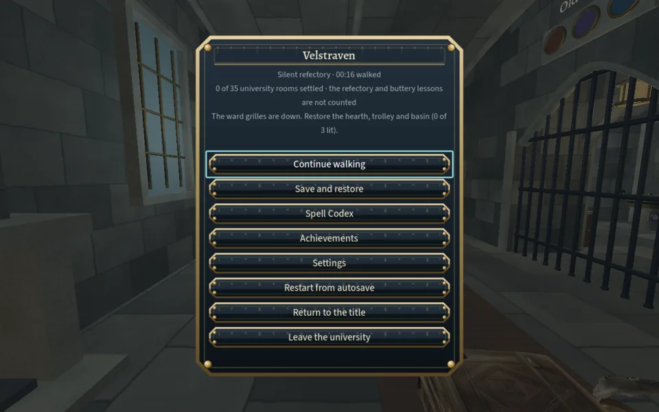The pause menu: Continue walking, Save and restore, Spell Codex, Achievements, Settings, Restart from autosave, Return to the title, Leave the university