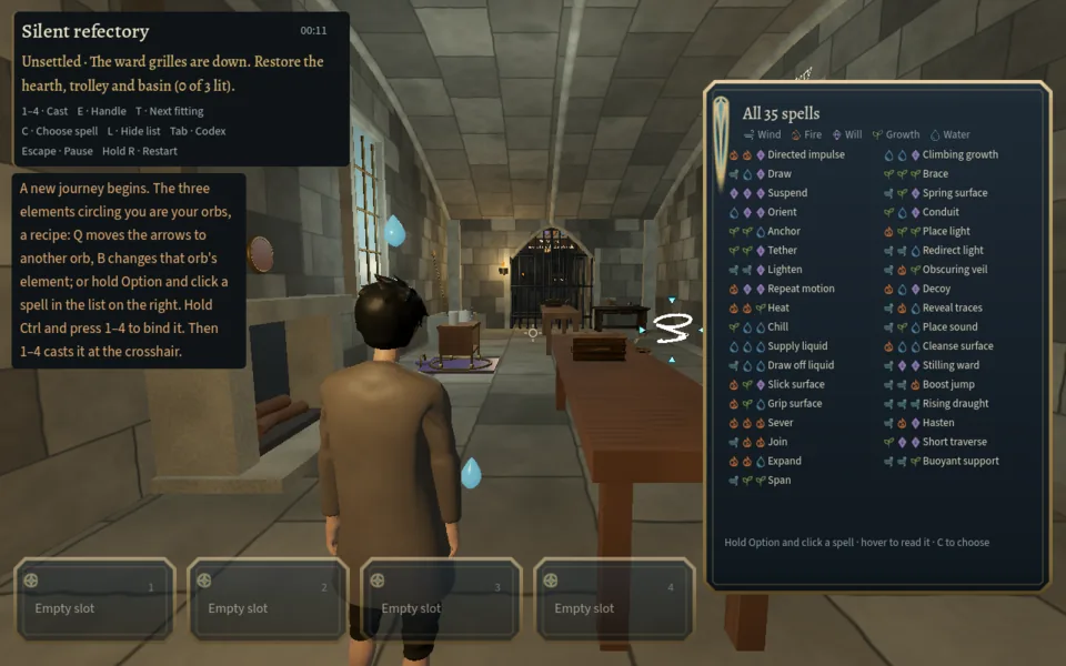 The student in the Silent refectory: the room card top left, the orb primer under it, all 35 spells listed on the right and four empty slots at the bottom