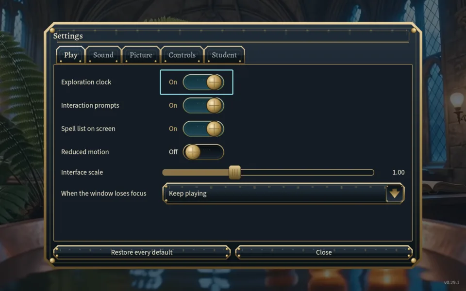 The Play page of Settings with its six rows