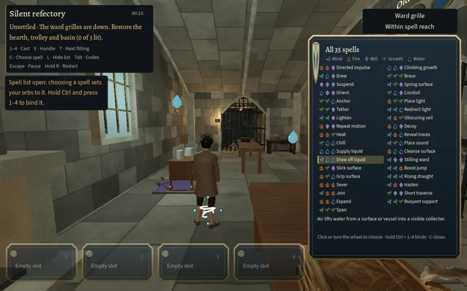 The spell list open in the Silent refectory