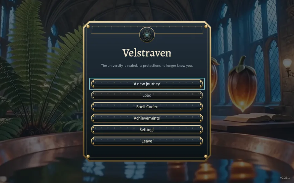 The title screen over a conservatory